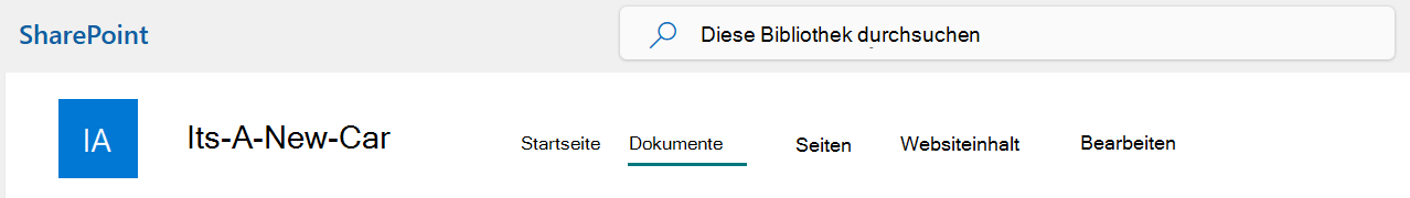 Ein Menü der oberen Leiste der SharePoint-Website mit ausgewählter Option 