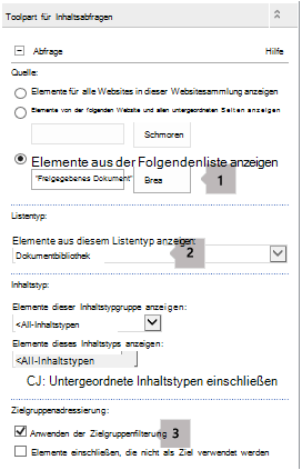 Liste der Eigenschaften des Webparts für Inhaltsabfragen mit drei Popups