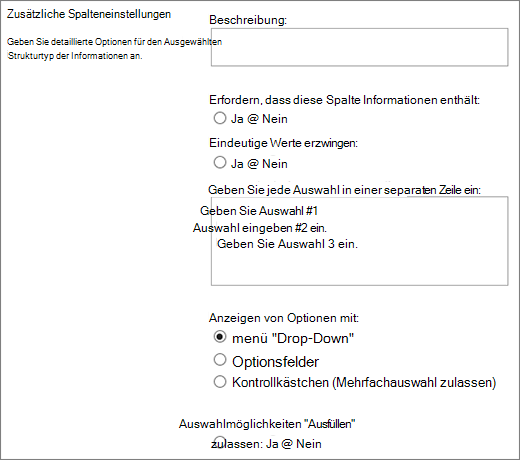 Optionen für Auswahlspalten