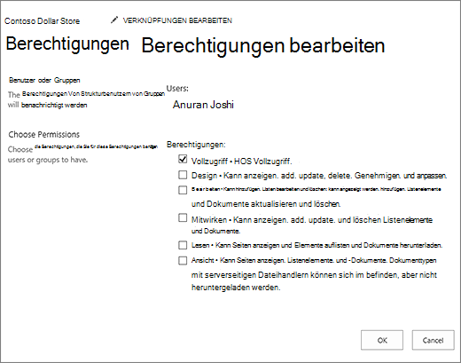 Ändern von Berechtigungsebenen im Dialogfeld 
