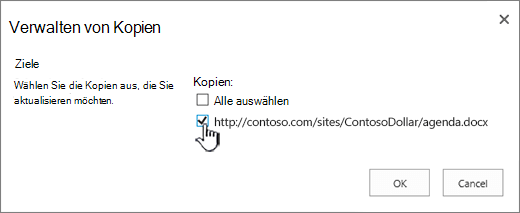 Auswählen der zu aktualisierenden Zielkopien