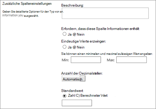 Auswahlmöglichkeiten für die numerische Spalte