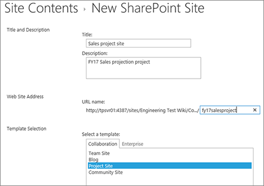 Bildschirm für die Erstellung einer SharePoint 2016-Unterwebsite