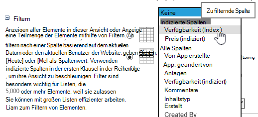 Wählen Sie in SharePoint Online ein indiziertes Feld aus.