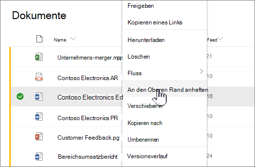 Klicken Sie auf An den Anfang anheften, um ein Dokument hervorzuheben.
