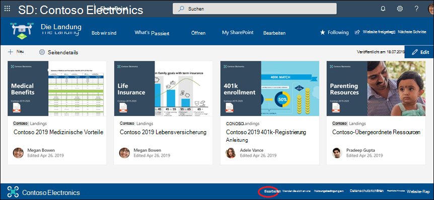 Hinzufügen oder Bearbeiten von Links und Bezeichnungen in der Fußzeile einer SharePoint-Kommunikationswebsite.