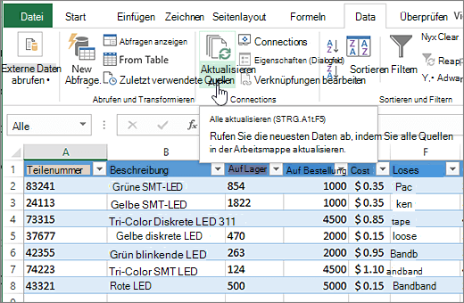 Excel-Kalkulationstabelle mit importierter Liste und hervorgehobener Schaltfläche 