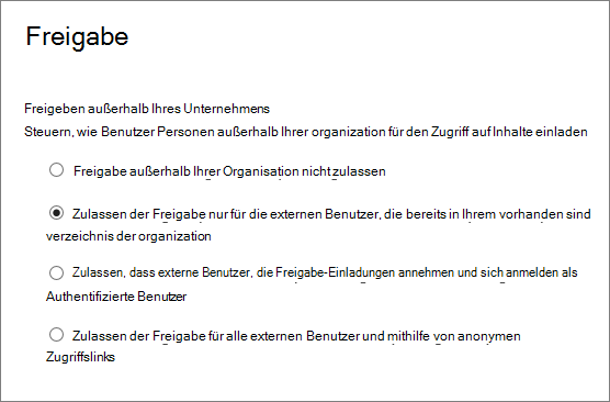 Optionen für die Freigabe für externe Benutzer