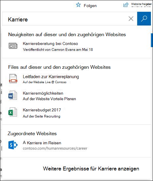 Suchergebnisse auf einer SharePoint-Hubwebsite