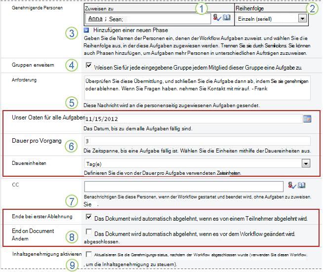 Standardwerte beim Hinzufügen eines Workflows mit Hervorhebung von Feldern