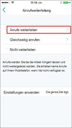 Skype for Business für iOS Bildschirm der Anrufweiterleitung