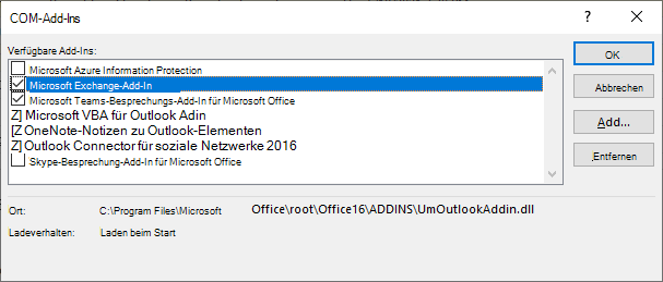 Das Outlook coms-Add-In-Fenster ist geöffnet.