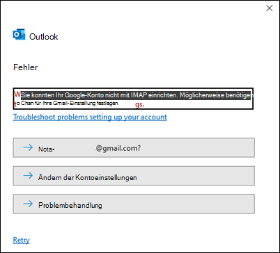 Outlook-Fehler Beim Hinzufügen eines Gmail-Kontos ist ein Fehler aufgetreten.