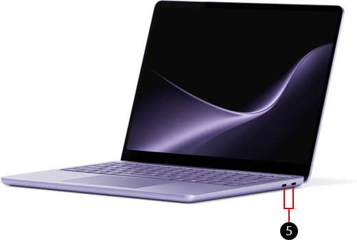 Screenshot eines Surface Laptop 13 Zoll mit einer nummerierten Beschriftung, die auf zwei USB-C-Anschlüsse auf der rechten Seite der Basis nach hinten zeigt.