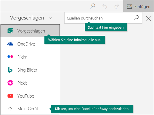 Einfügebefehl und Feld für die Inhaltssuche