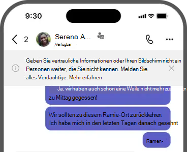 Screenshot des Banners: Geben Sie vertrauliche Informationen oder Ihren Bildschirm nicht an Personen weiter, die Sie nicht kennen. Melden Sie alles Verdächtige.