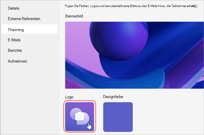 Screenshot der hervorgehobenen Benutzeroberfläche, der zeigt, wie man einer Versammlung ein Logo hinzufügt