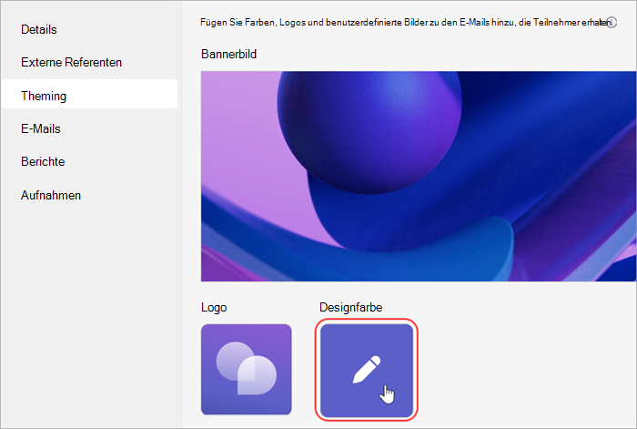 Screenshot der hervorgehobenen Benutzeroberfläche, der zeigt, wie man eine Themenfarbe zu einer Versammlung hinzufügt