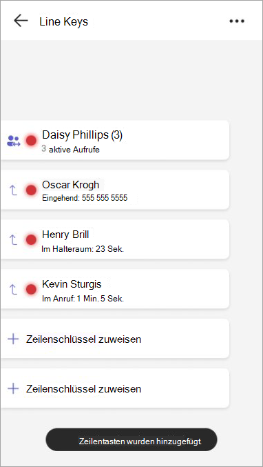 Screenshot einer freigegebenen Zeile, die einem Zeilenschlüssel zugewiesen wurde, die Mitglieder der freigegebenen Zeile und deren Anruf status.