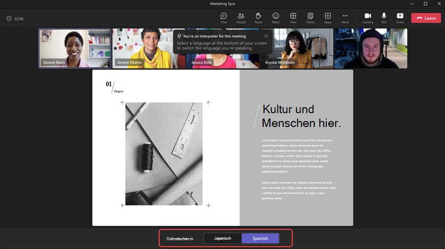 Ein Videokonferenzbildschirm zeigt vier Teilnehmer mit einer Dolmetscheroption sowie Text über Kultur und Personen.