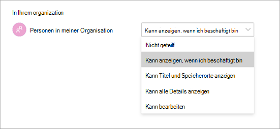 Screenshot: Unterschiedliche Zugriffsberechtigungen beim Freigeben eines Kalenders in Teams