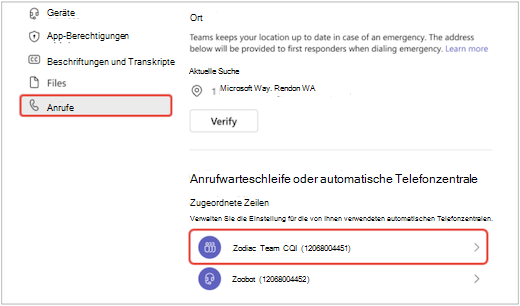 Ein Bildschirm in Teams des Menüs 