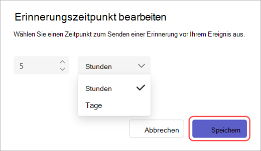 Screenshot des Erinnerungs-E-Mail-Sendezeit-Editors in Teams.