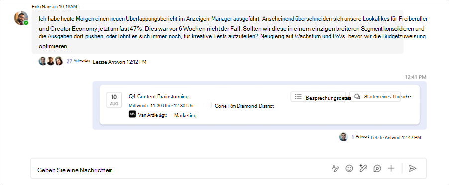 Screenshot: Besprechungsthreadchat in einem Microsoft Teams-Kanal