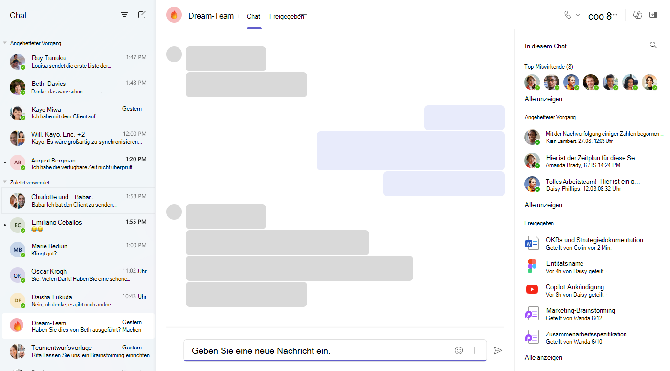 Ein Screenshot der Chat-App zeigt aktuelle Nachrichten, die wichtigsten Mitwirkenden, angeheftete Nachrichten, freigegebene Dateien und ein Texteingabefeld mit einer Schaltfläche zum Senden.