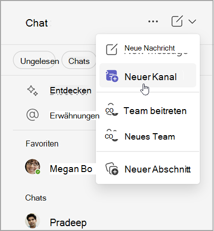 Screenshot: Microsoft Teams-Chat mit Optionen zum Erstellen einer neuen Nachricht, eines neuen Kanals oder eines neuen Teams. Es hat auch die Möglichkeit, einem Team beizutreten oder einen neuen Abschnitt zu erstellen.