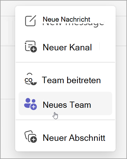 Screenshot der Option zum Erstellen eines neuen Teams. Sie wird nach Auswahl der Option 