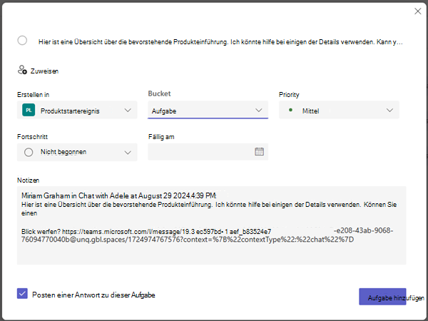 Screenshot zeigt das Erstellen der Aufgabe in einem Plan und die Details, die Sie festlegen können.