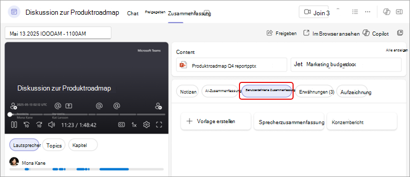 Screenshot mit einer angepassten Zusammenfassung der Teams-Zusammenfassung mit hervorgehobener Schaltfläche 