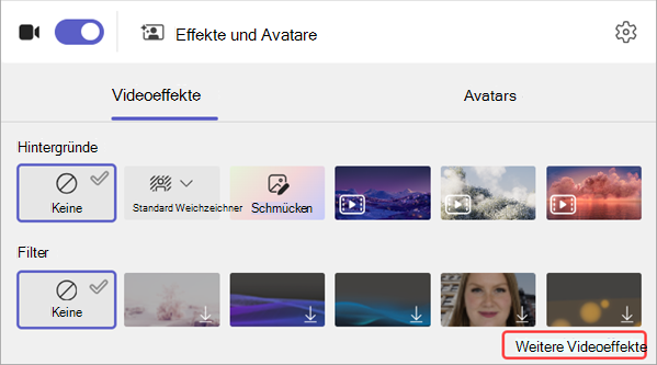 Screenshot der Videofilteroptionen