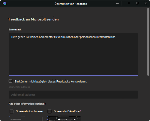 Dialogfeld zum Senden von Feedback