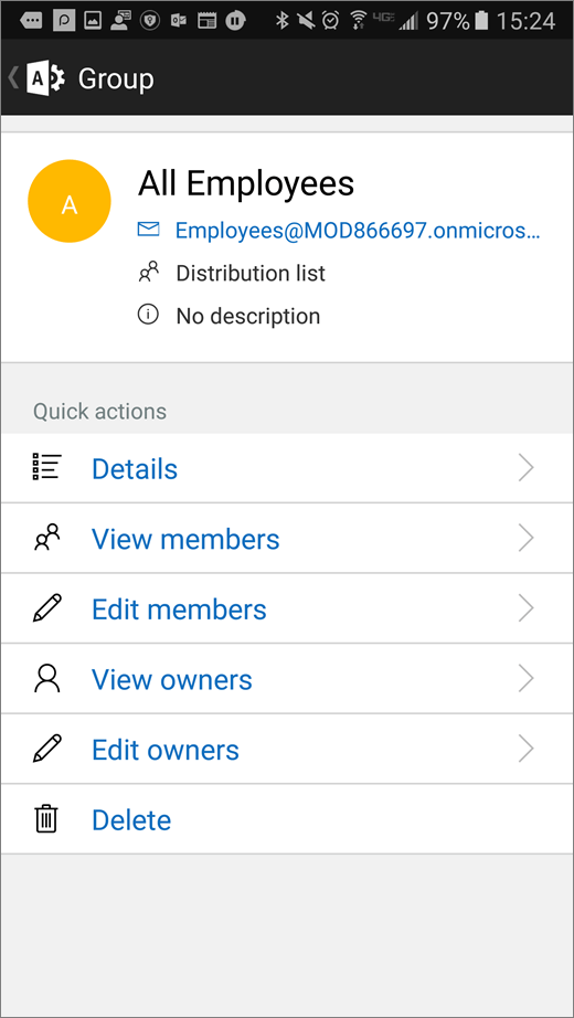 Wählen Sie Ihre Gruppe in der Office 365 Administrator-App aus, um Details wie Mitgliedschaft oder Besitzer zu bearbeiten.