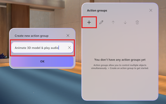 Screenshot, der zeigt, wie eine neue Aktionsgruppe in einem immersiven Ereignis erstellt wird.
