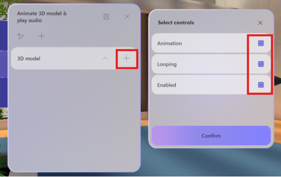 Screenshot, der zeigt, wie Objektsteuerelemente in einem immersiven Ereignis geändert werden.