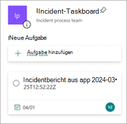 Board für die Behandlung von Incidenttickets in Planner mit der Aufgabe, die aus der Updateübermittlung erstellt wurde
