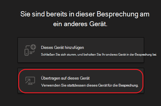 Schaltflächen zum Hinzufügen dieses Geräts oder zum Übertragen auf dieses Gerät