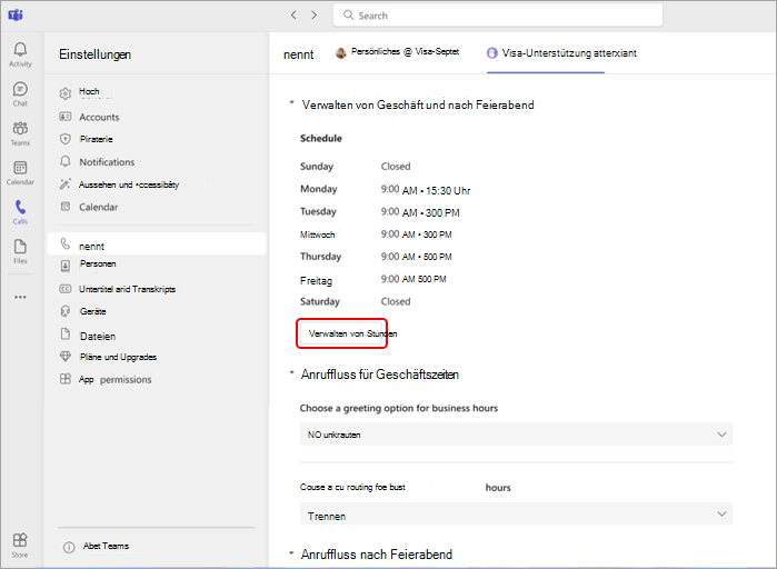 Screenshot: Verwalten von Geschäftszeiten