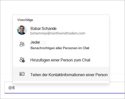 Screenshot: Abrufen eines Kontakts zum Freigeben mithilfe von @Erwähnung