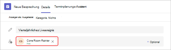 Screenshot, der zeigt, wie eine MTR mit einem Liveereignis in Teams verbunden wird.