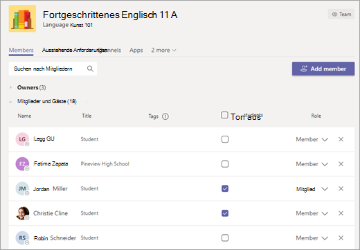 Aktivieren Sie die Kontrollkästchen neben den Namen der Schüler, um sie stummzuschalten.
