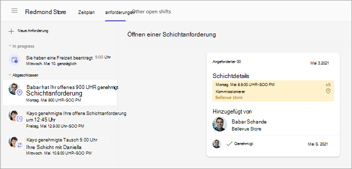 Screenshot einer offenen Schichtanfrage von Mitarbeitern, die von einem Vorgesetzten genehmigt wurde.