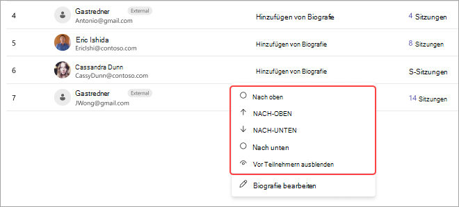 Screenshot einer Teams-Besprechung mit der Teilnehmerliste und den Optionen zum Anpassen ihrer Positionen: oben, oben, unten, unten oder ausblenden.