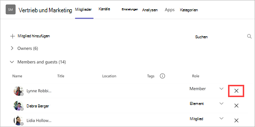 Screenshot: Liste der Teammitglieder mit Optionen zum Hinzufügen von Mitgliedern, Suchen und Entfernen Wählen Sie das X rechts neben dem Namen eines Teammitglieders aus, um sie zu entfernen.