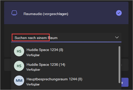 Screenshot der Suchleiste für die Option „Raumaudio“ im Vorbeitrittsbildschirm für Teams-Besprechungen.