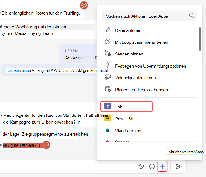 Screenshot: Senden von Lob an eine Person in einem Chat
