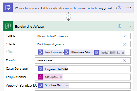 Einrichten eines Flows zum Erstellen einer Aufgabe in Planner für Updateübermittlungen